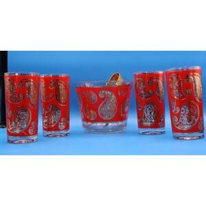 Gorgeous Vintage Culver Red & Gold Paisley Glass Set With Ice Bucket